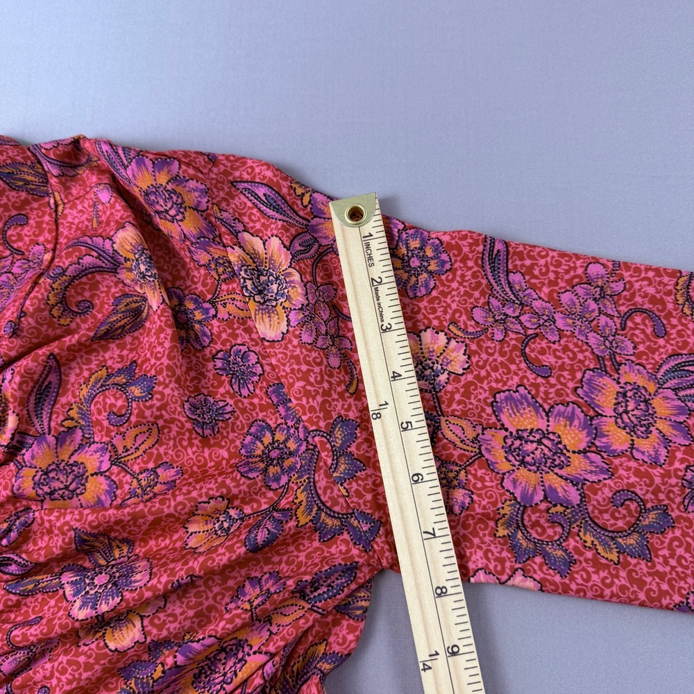 Free People Crop Top L Floral Ruched Blouse Red Pink Boho Bright Slip Smocked - Picture 10 of 16